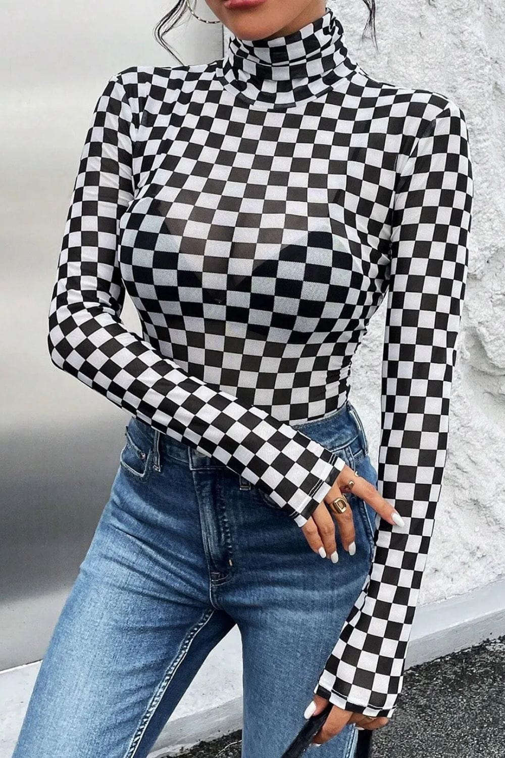 Checkered Turtleneck Long Sleeve Bodysuit - Trendsi