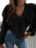 Full Size Ruffled V-Neck Button Down Flounce Sleeve Blouse - Trendsi