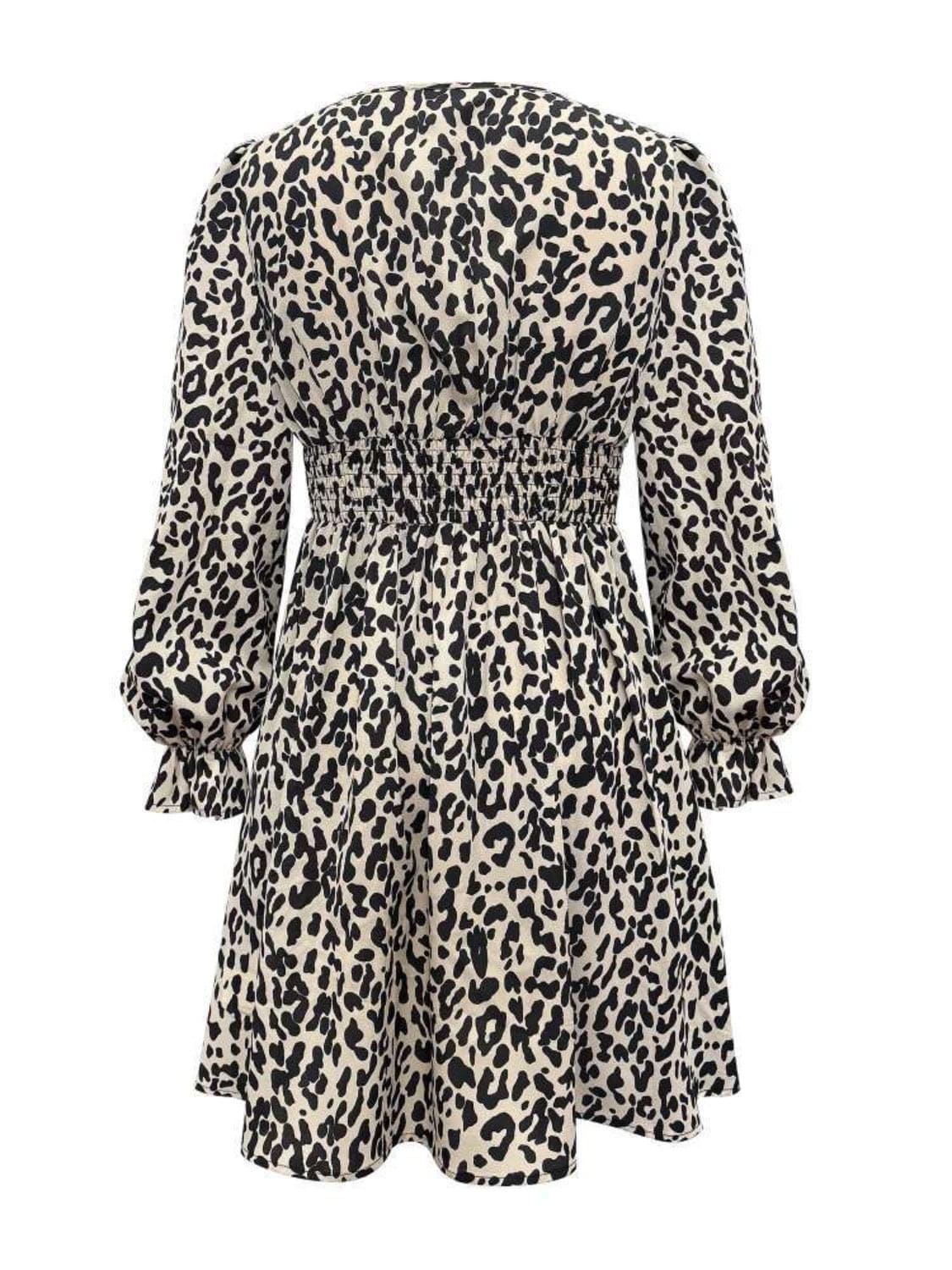 Leopard V-Neck Flounce Sleeve Dress - Trendsi