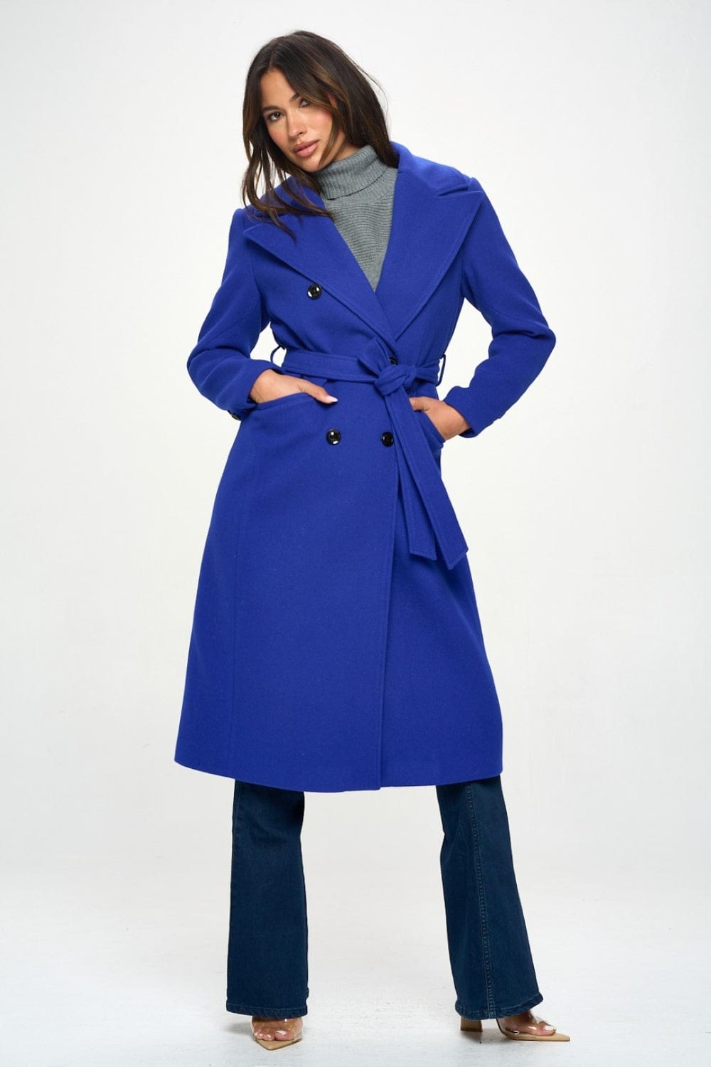 Coalition LA Double-Breasted Longline Coat with Belt - Trendsi