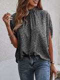 Tied Printed Mock Neck Half Sleeve Blouse - Flyclothing LLC