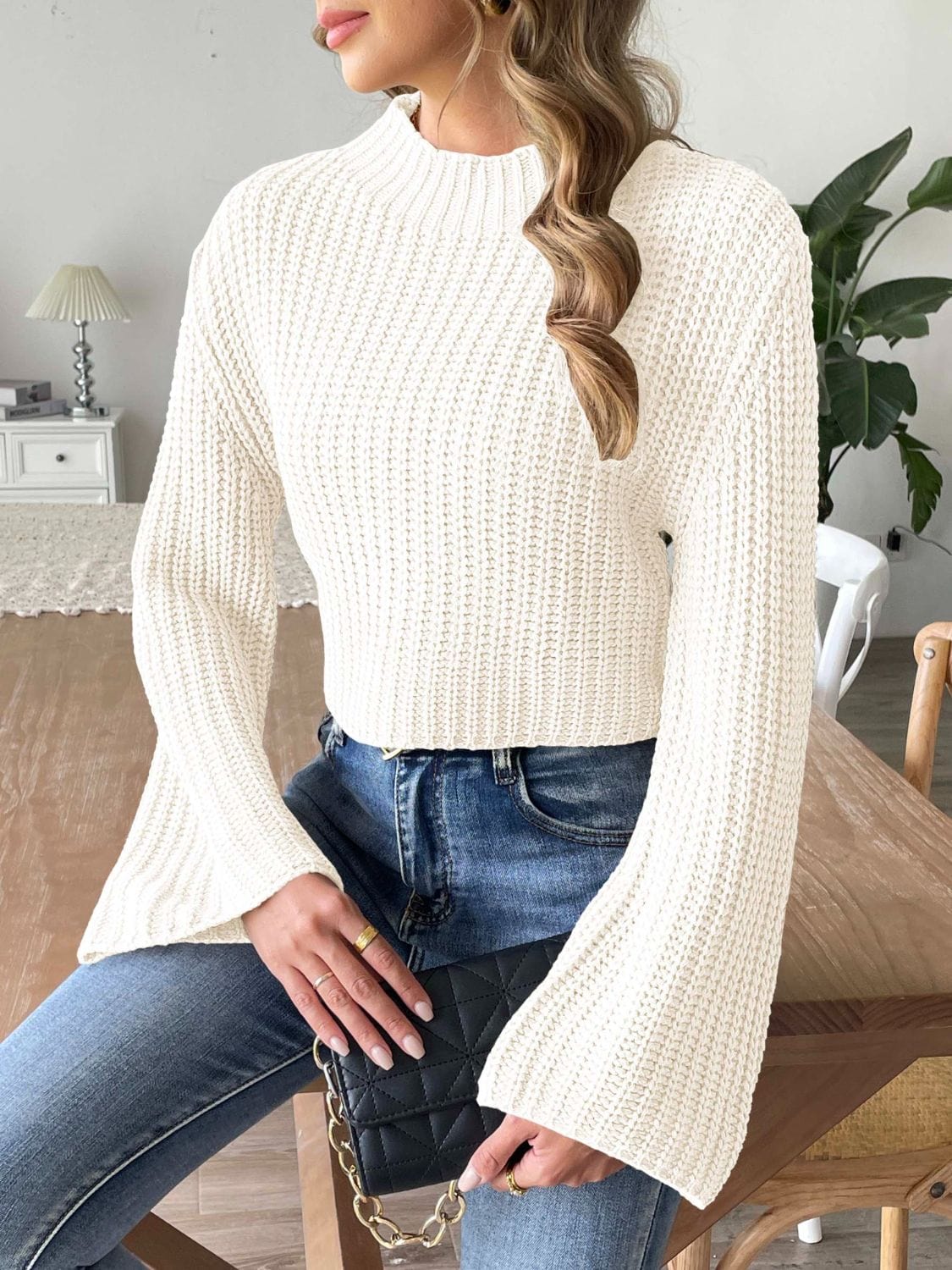 Mock Neck Long Sleeve Sweater - Trendsi