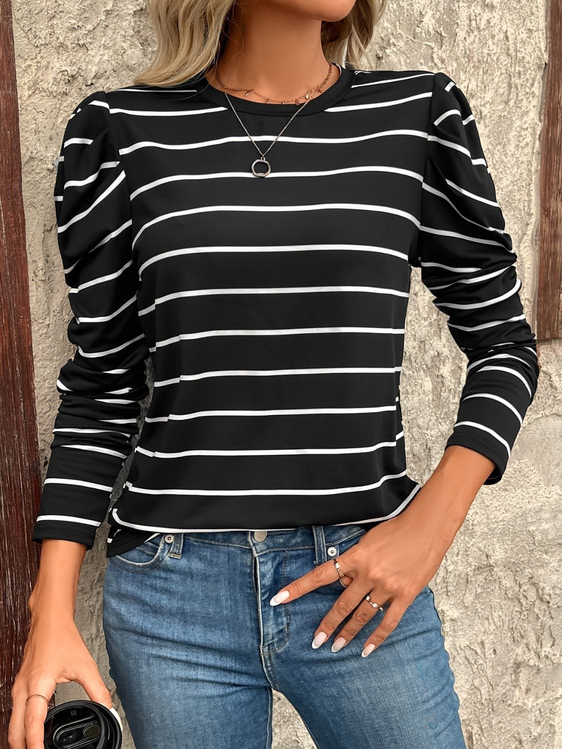 Full Size Striped Round Neck Puff Sleeve T-Shirt - Trendsi