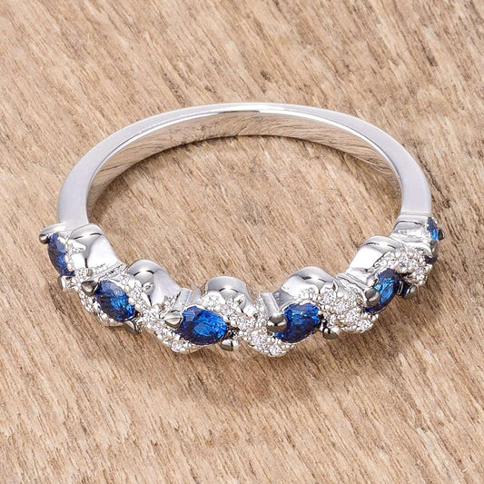 .18Ct Rhodium and Hematite Plated S Shape Sapphire Blue and Clear CZ Half Eternity Band - JGI