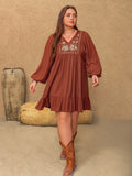 Plus Size Embroidered Tie Neck Balloon Sleeve Mini Dress