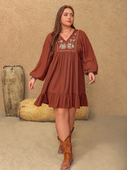 Plus Size Embroidered Tie Neck Balloon Sleeve Mini Dress - Trendsi