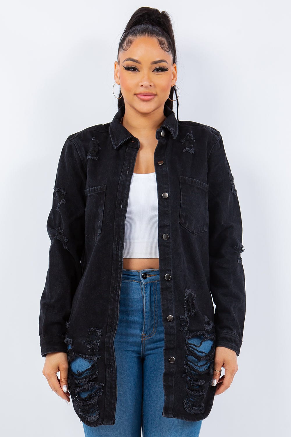 American Bazi Distressed Button Up Long Sleeve Denim Jacket - Trendsi