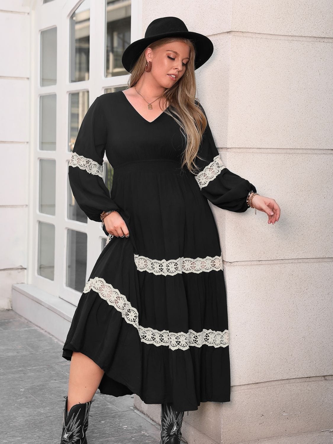 Plus Size Lace Detail V-Neck Long Sleeve Midi Dress - Trendsi