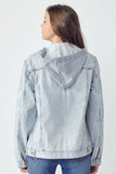 RISEN Full Size Distressed Drawstring Hooded Denim Jacket - Trendsi