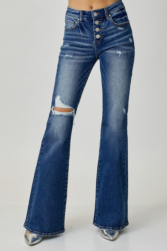 RISEN Distressed Button-Fly Flare Jeans - Trendsi