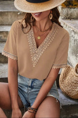 Full Size Lace Detail V-Neck Short Sleeve Blouse Trendsi