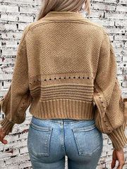 Cable-Knit Tied Open Front Lantern Sleeve Cardigan - Trendsi