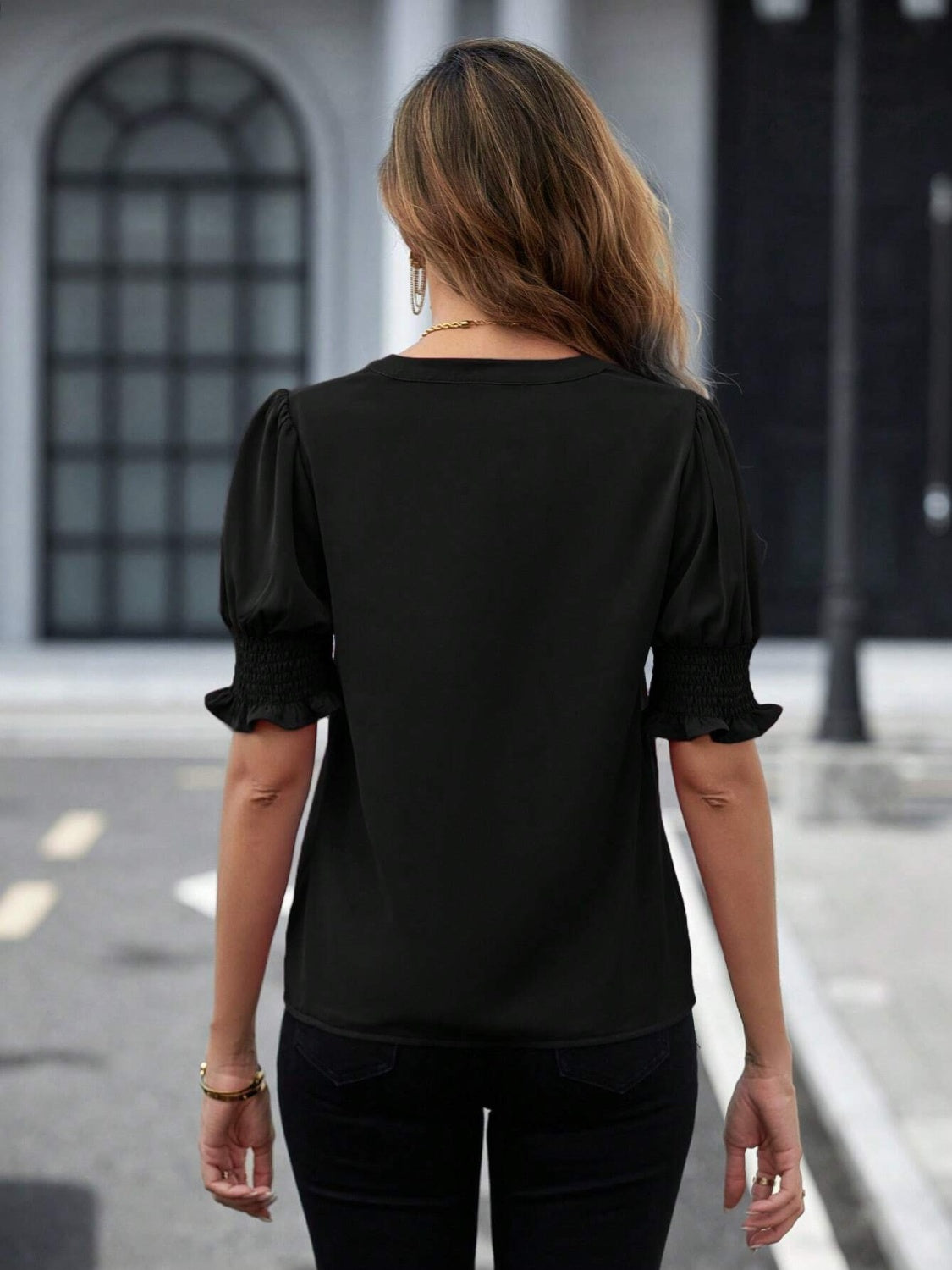 Notched Short Sleeve Blouse Trendsi