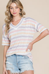 BOMBOM Striped V-Neck Short Sleeve T-Shirt - Trendsi