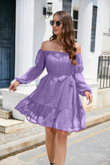 Swiss Dot Off-Shoulder Balloon Sleeve Dress - Flyclothing LLC