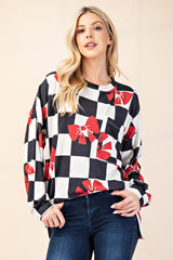 Celeste Full Size Checkered Bow Print Round Neck T-Shirt - Trendsi