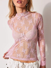 Lace Mock Neck Long Sleeve Blouse - Trendsi