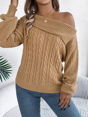 Cable-Knit One Shoulder Long Sleeve Sweater - Trendsi