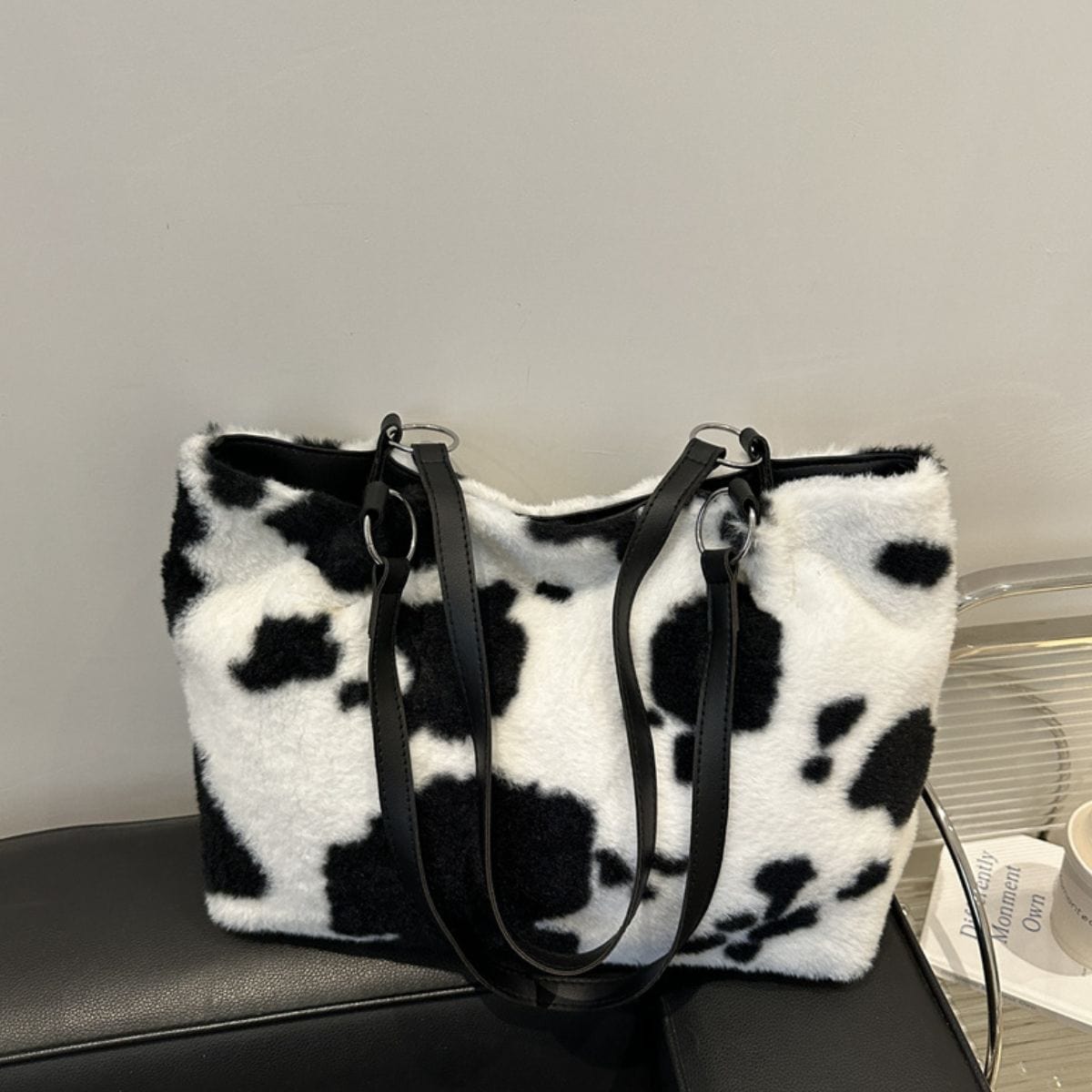 Cow Print Furry Tote Bag - Trendsi