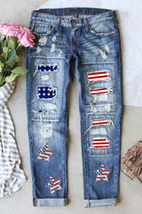 US Flag Mid-Rise Waist Straight Jeans Trendsi