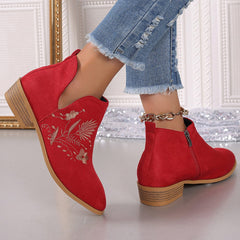 Embroidered Suede Point Toe Block Heel Boots - Trendsi