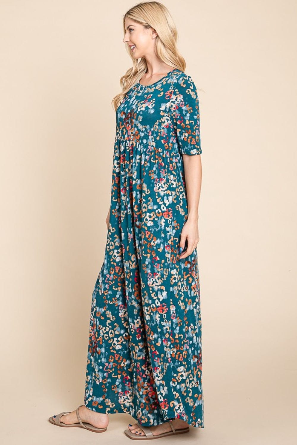 BOMBOM Printed Shirred Maxi Dress - Trendsi