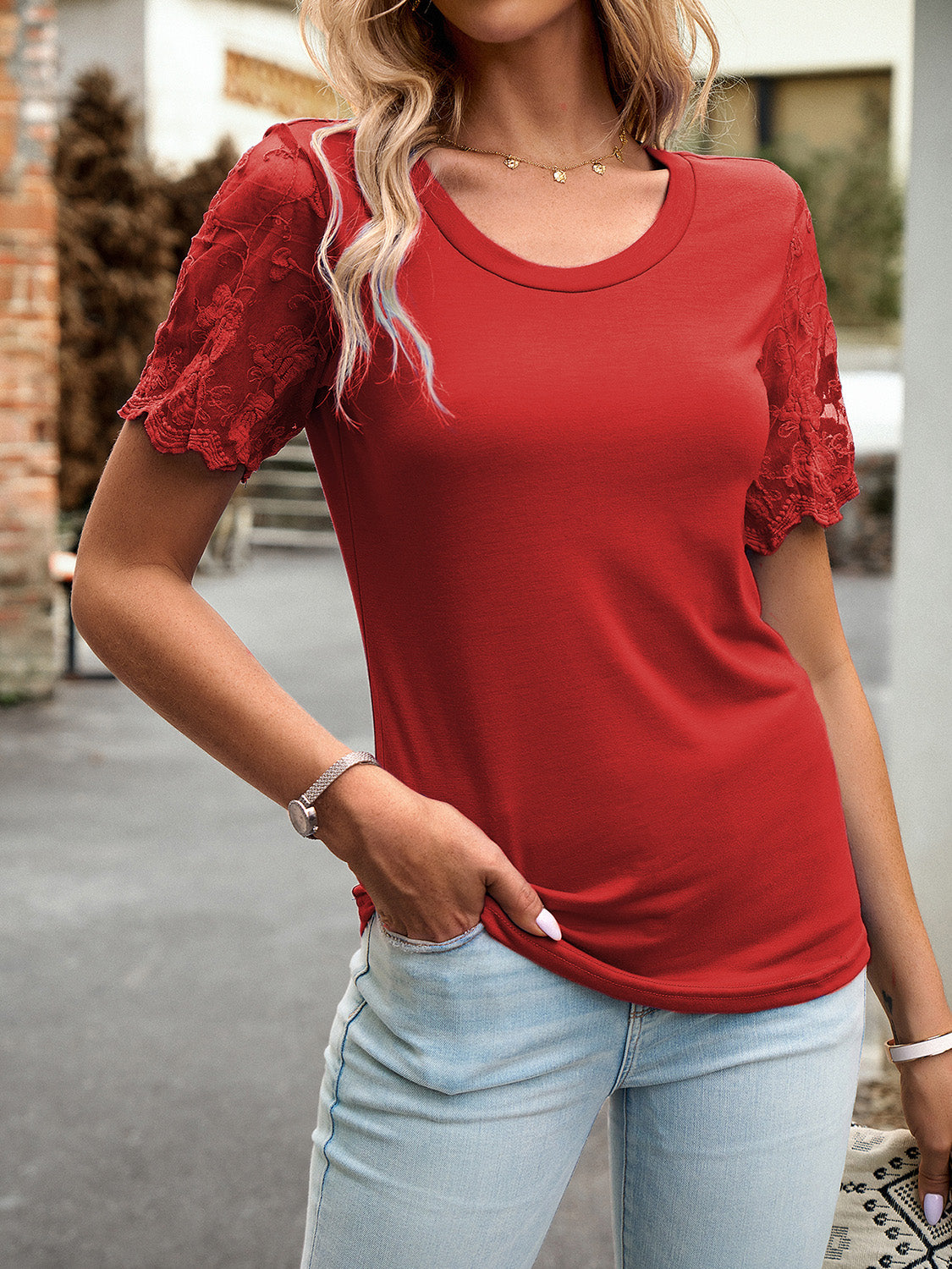 Lace Detail Round Neck Short Sleeve T-Shirt Trendsi