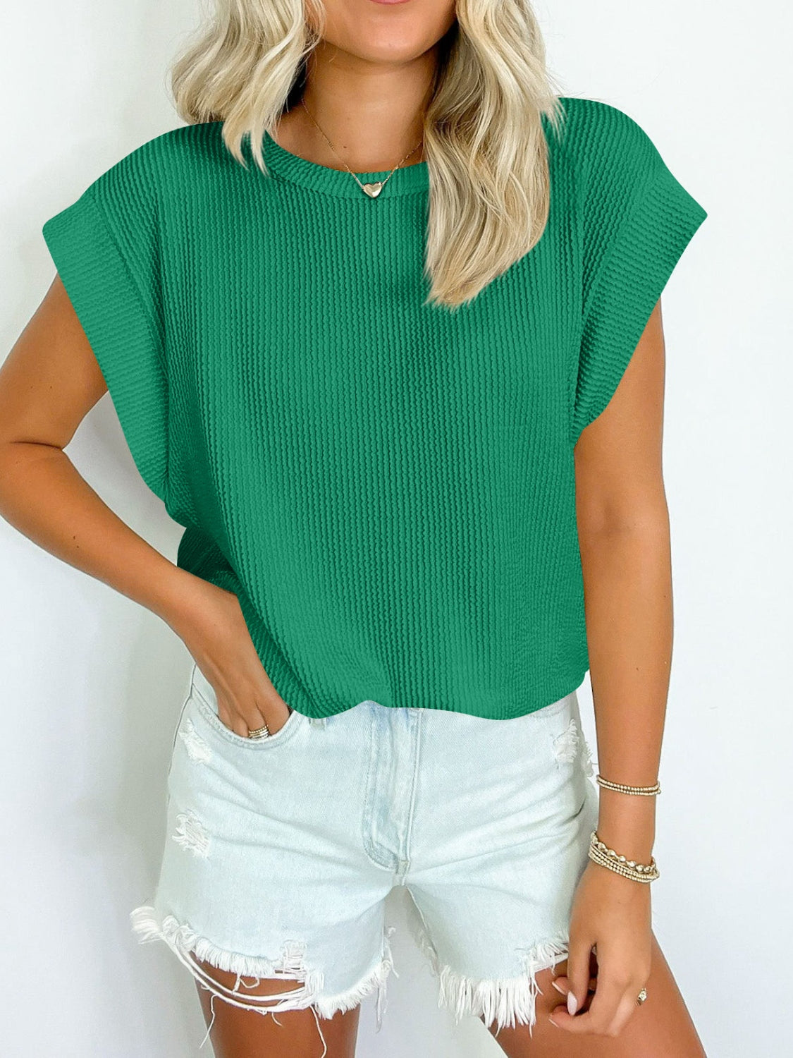 Textured Round Neck Cap Sleeve Blouse Trendsi