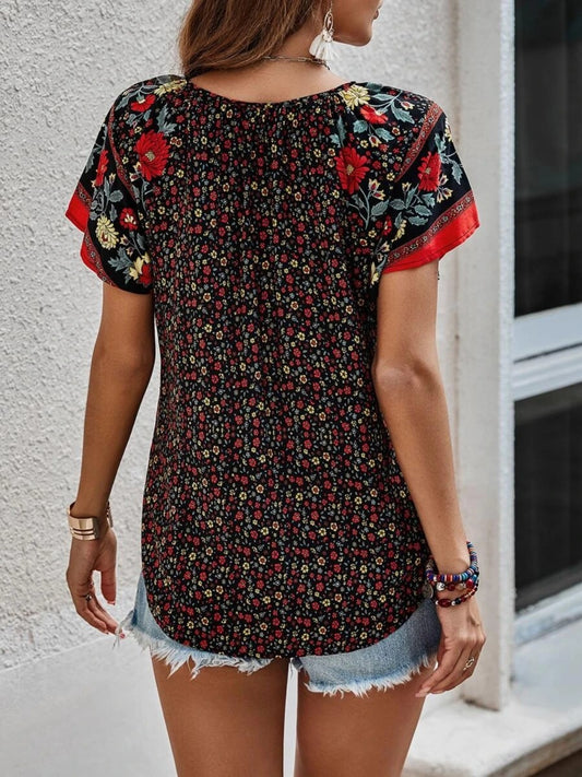 Printed Tie Neck Short Sleeve Blouse Trendsi