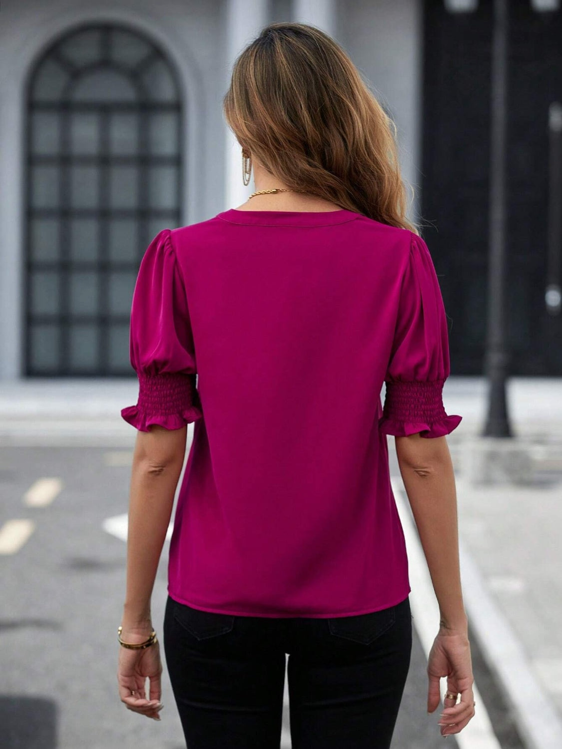 Notched Short Sleeve Blouse Trendsi