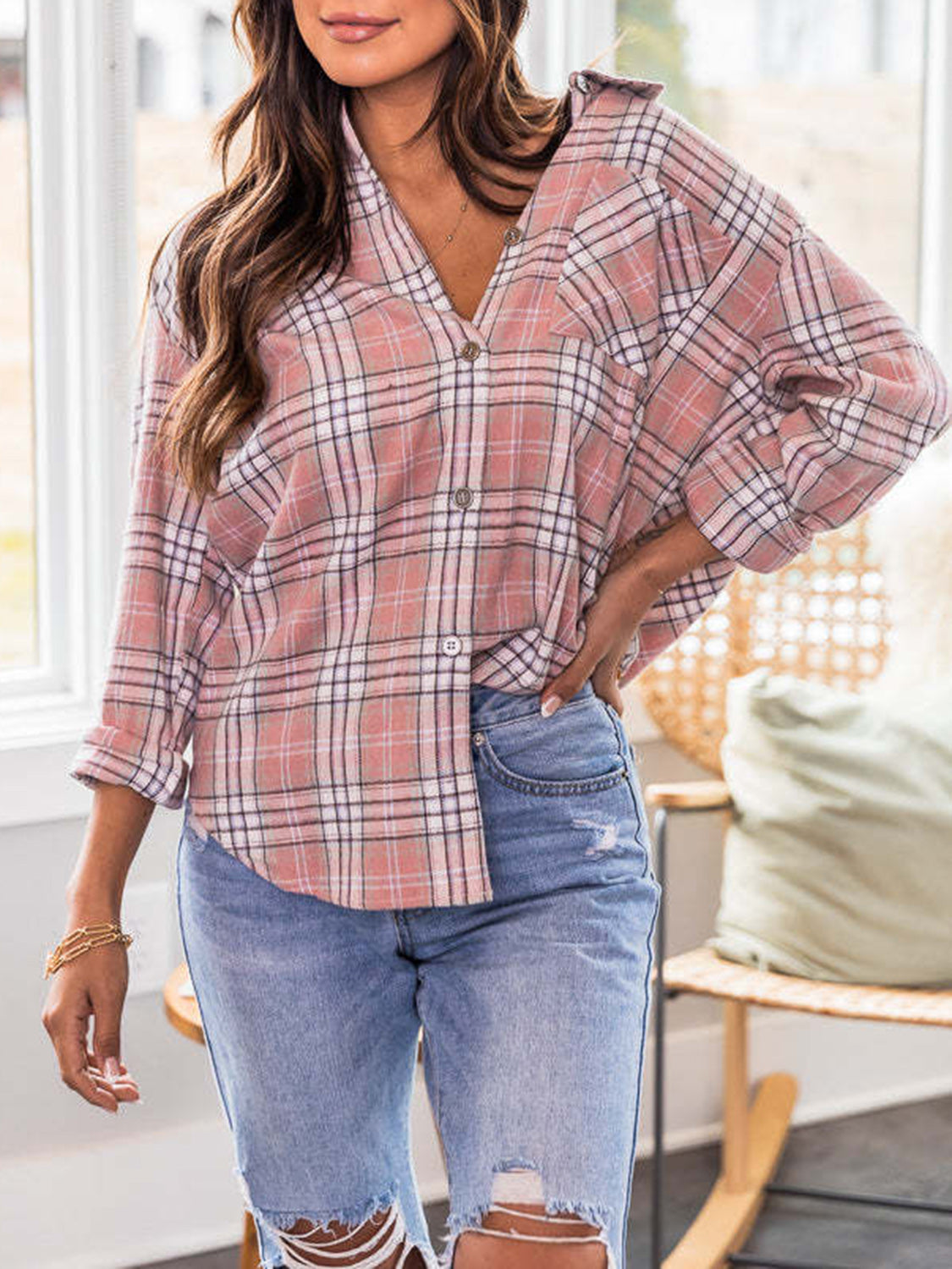 Plaid Collared Neck Long Sleeve Shirt