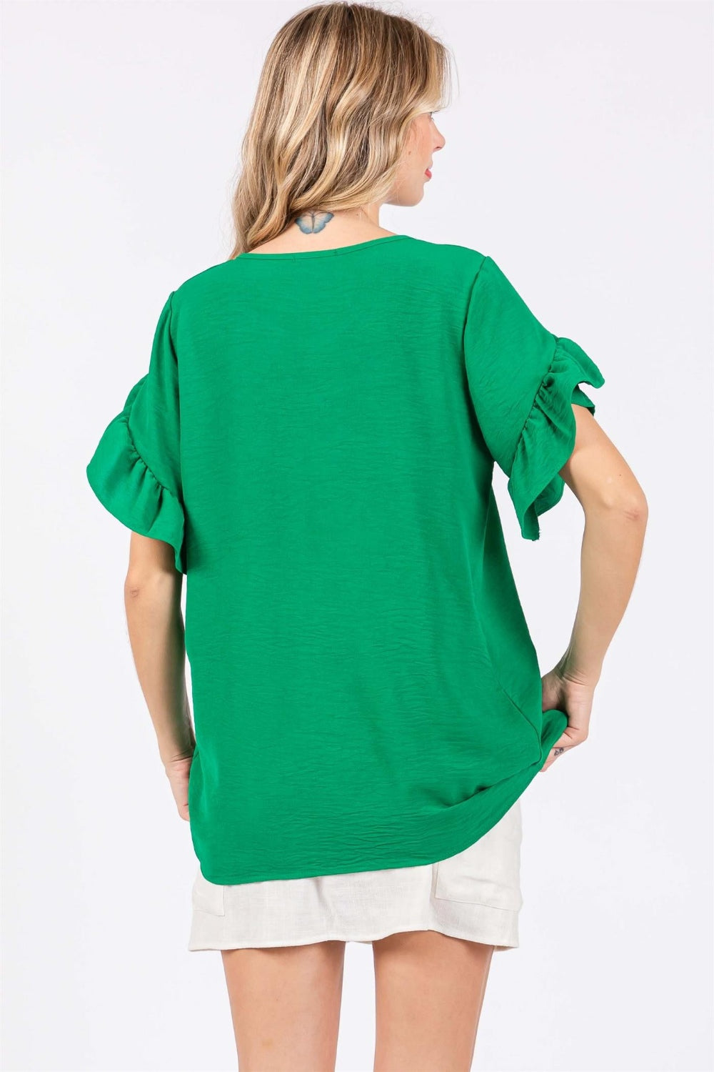 GeeGee Ruffled Short Sleeve V-Neck Blouse - Flyclothing LLC