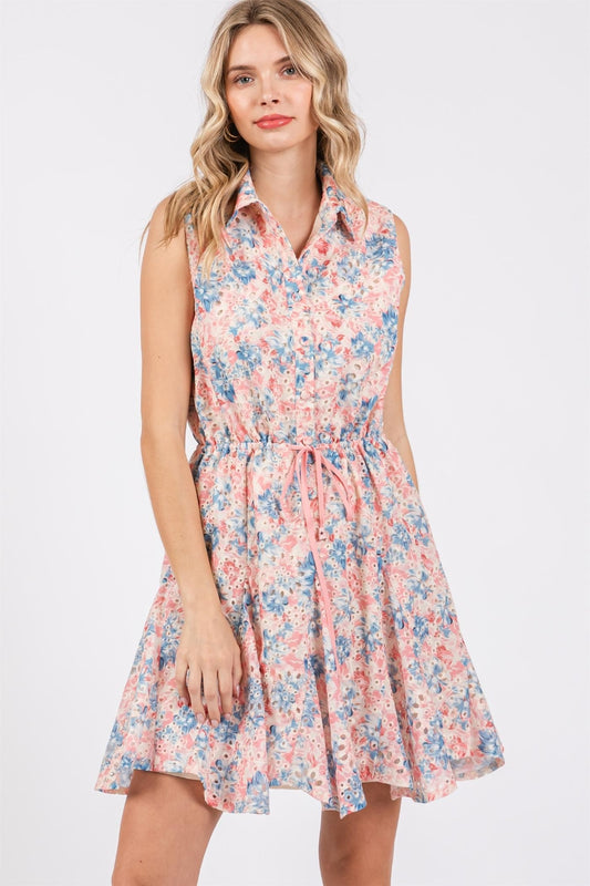 GeeGee Full Size Floral Eyelet Sleeveless Mini Dress Trendsi