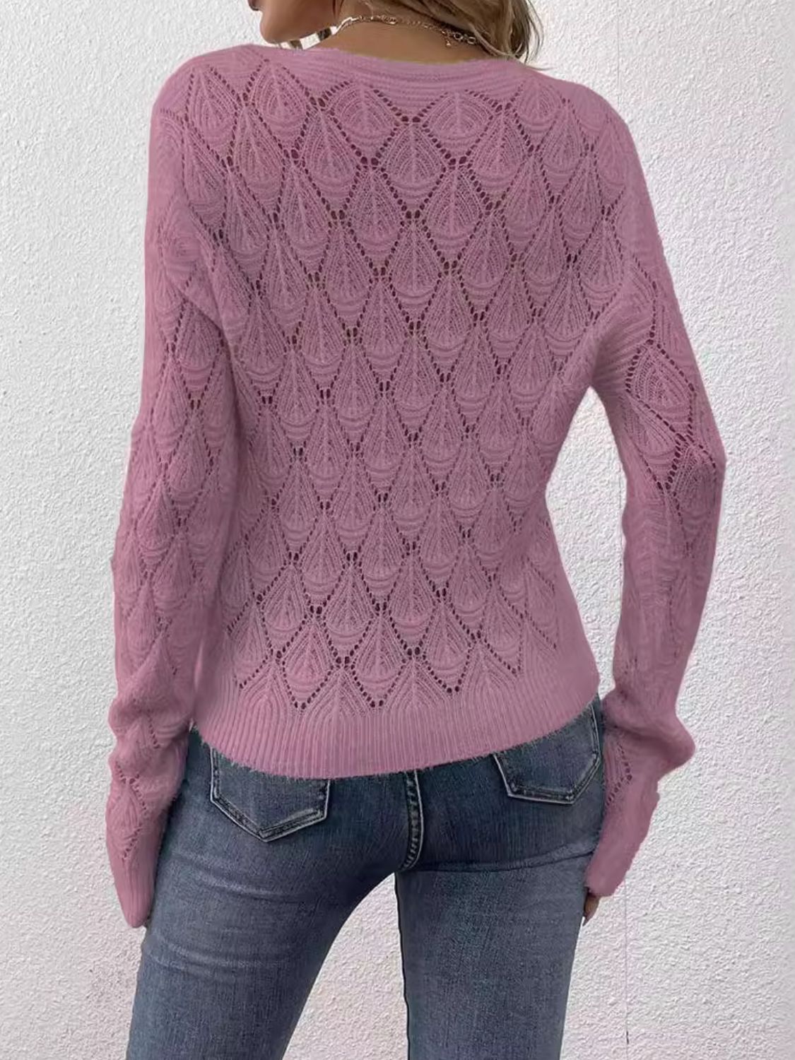 Openwork V-Neck Long Sleeve Sweater