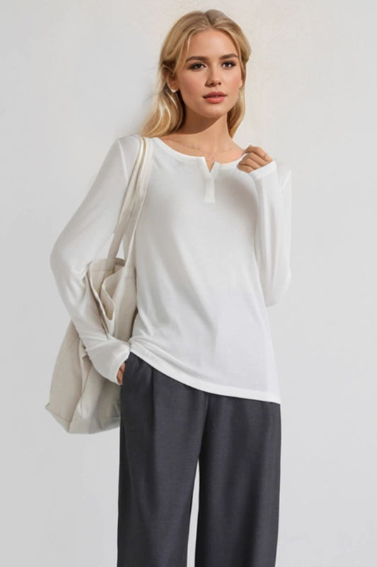 Basic Bae Notched Long Sleeve T-Shirt - Trendsi