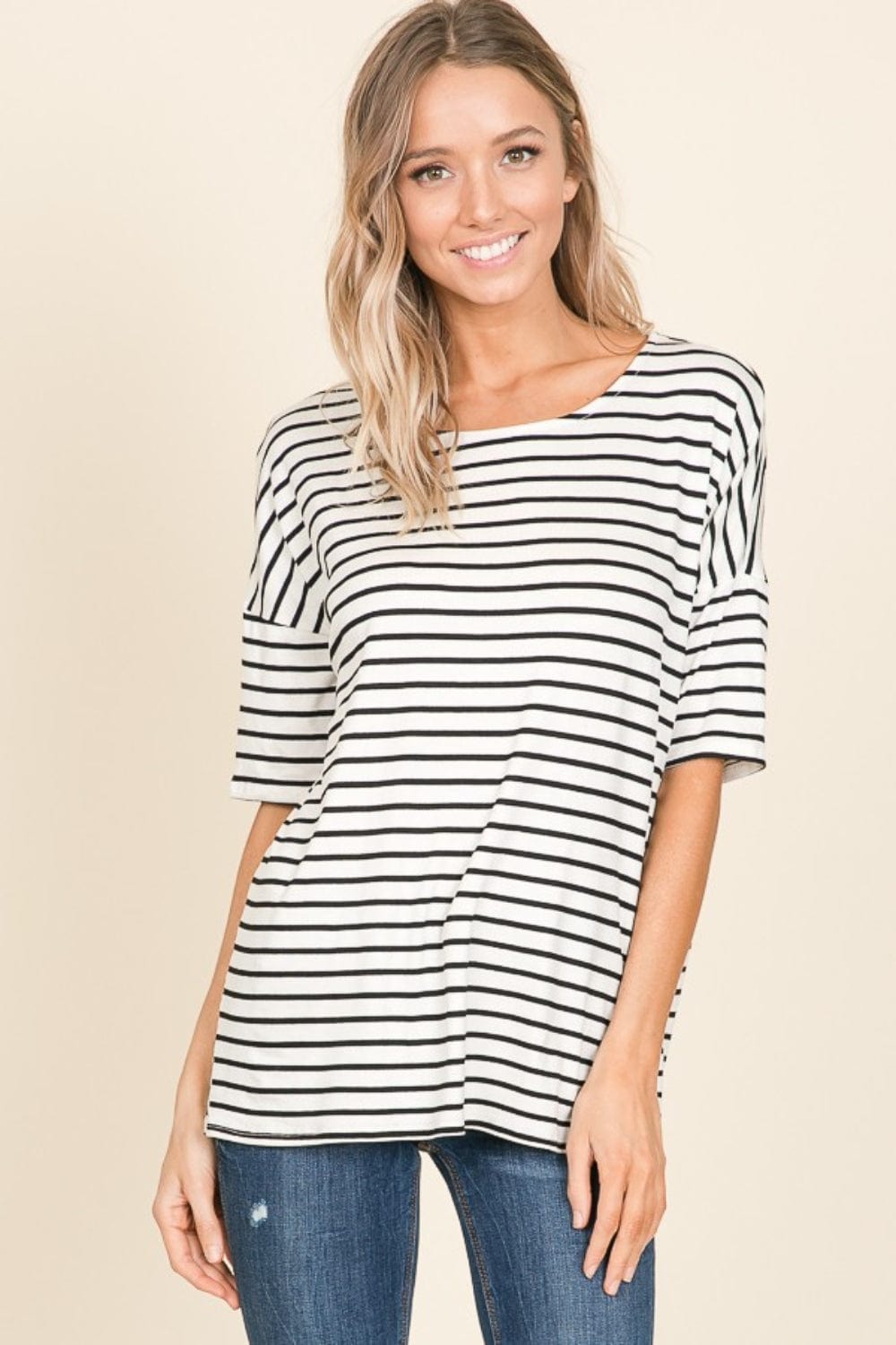 BOMBOM Striped Round Neck T-Shirt - Trendsi