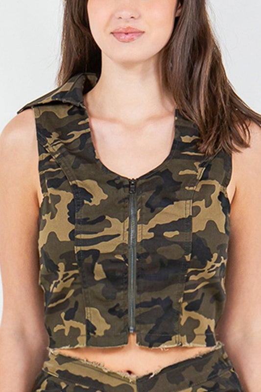 American Bazi Zip Up Camo Crop Denim Vest - Trendsi