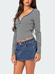 Buttoned Striped Long Sleeve T-Shirt - Trendsi