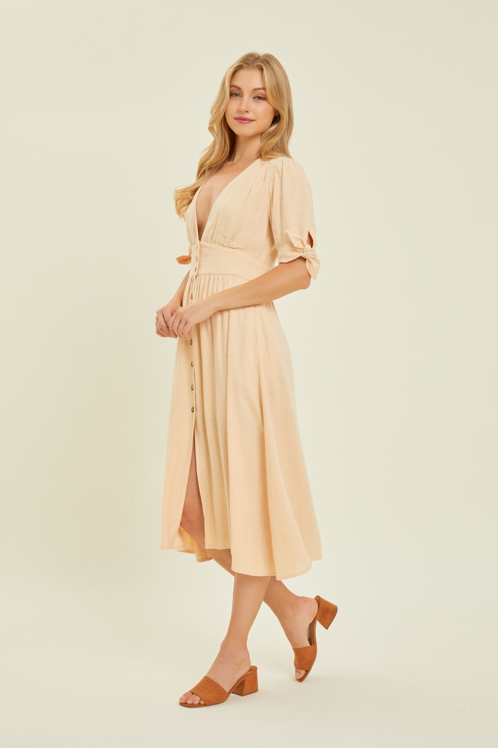 HEYSON Full Size Textured Linen V-Neck Button-Down Midi Dress - Flyclothing LLC