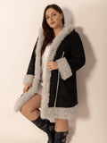 Plus Size Fuzzy Trim Open Front Long Sleeve Hooded Coat - Trendsi