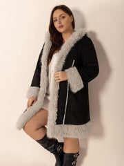 Plus Size Fuzzy Trim Open Front Long Sleeve Hooded Coat - Trendsi