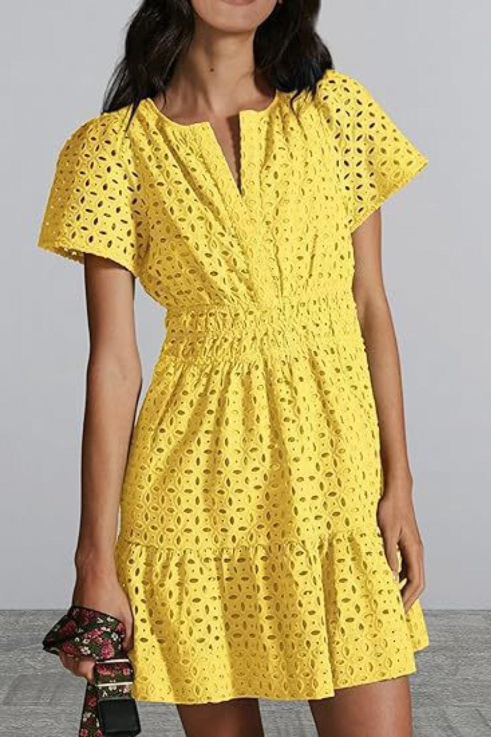 Eyelet Notched Short Sleeve Mini Dress - Trendsi