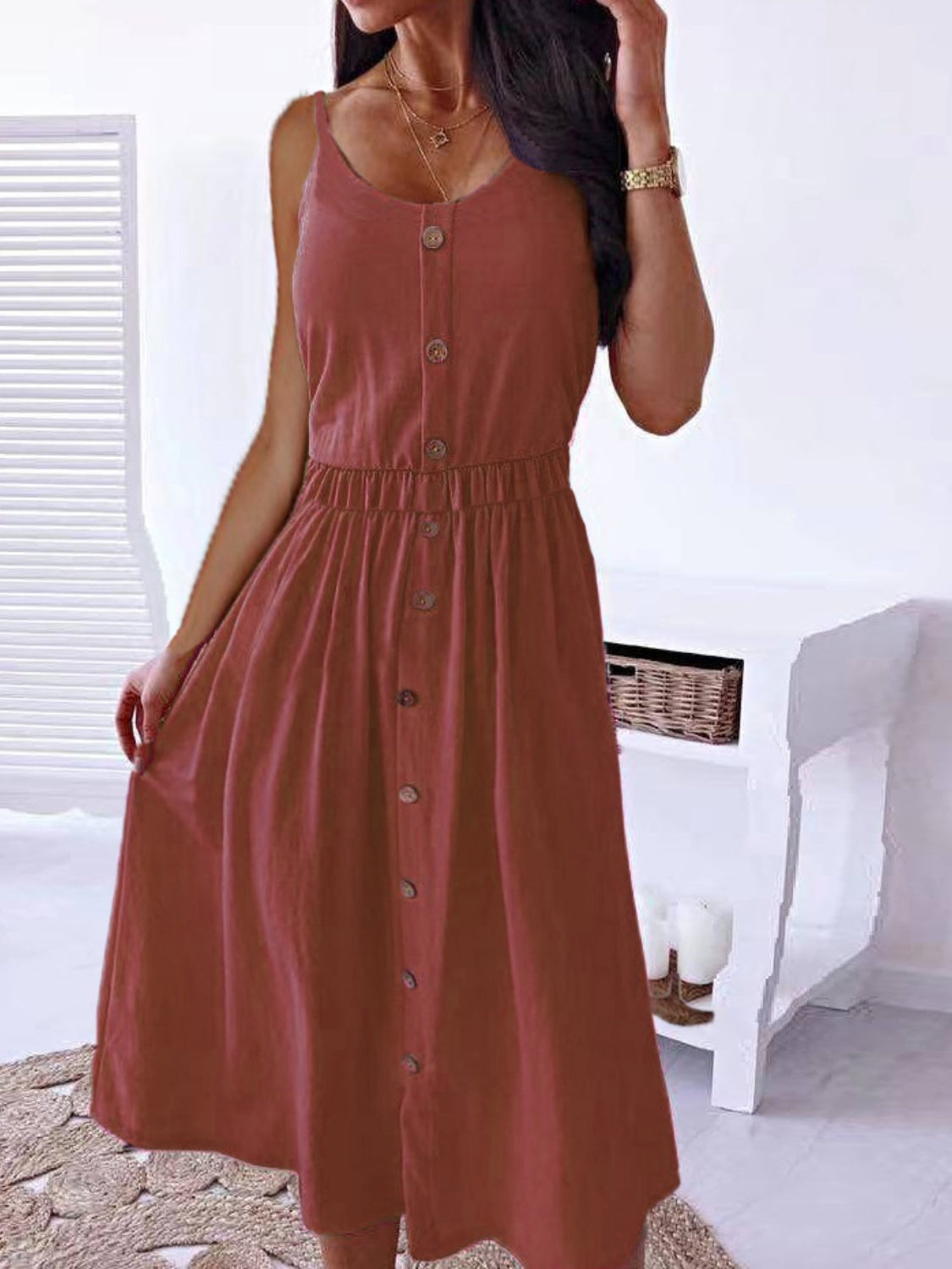 Decorative Button Spaghetti Strap Dress - Flyclothing LLC