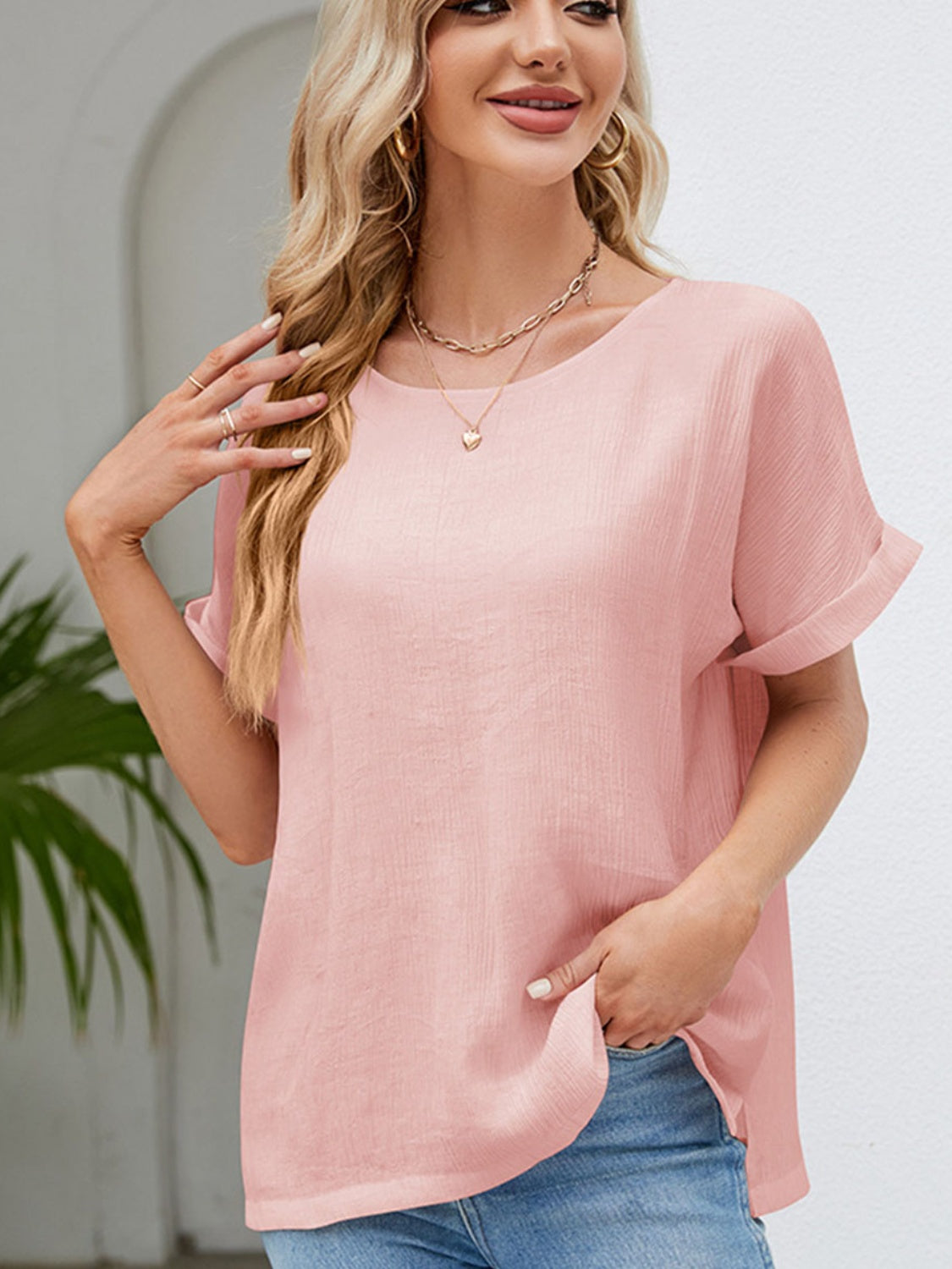 Round Neck Short Sleeve Blouse - Flyclothing LLC