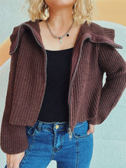 Collared Neck Zip Up Long Sleeve Cardigan - Trendsi