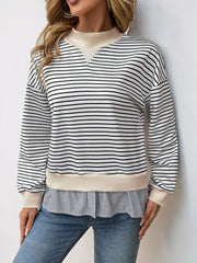 Perfee Faux Layered Striped Long Sleeve Sweatshirt