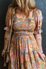 Smocked Printed Short Sleeve Dress - Trendsi