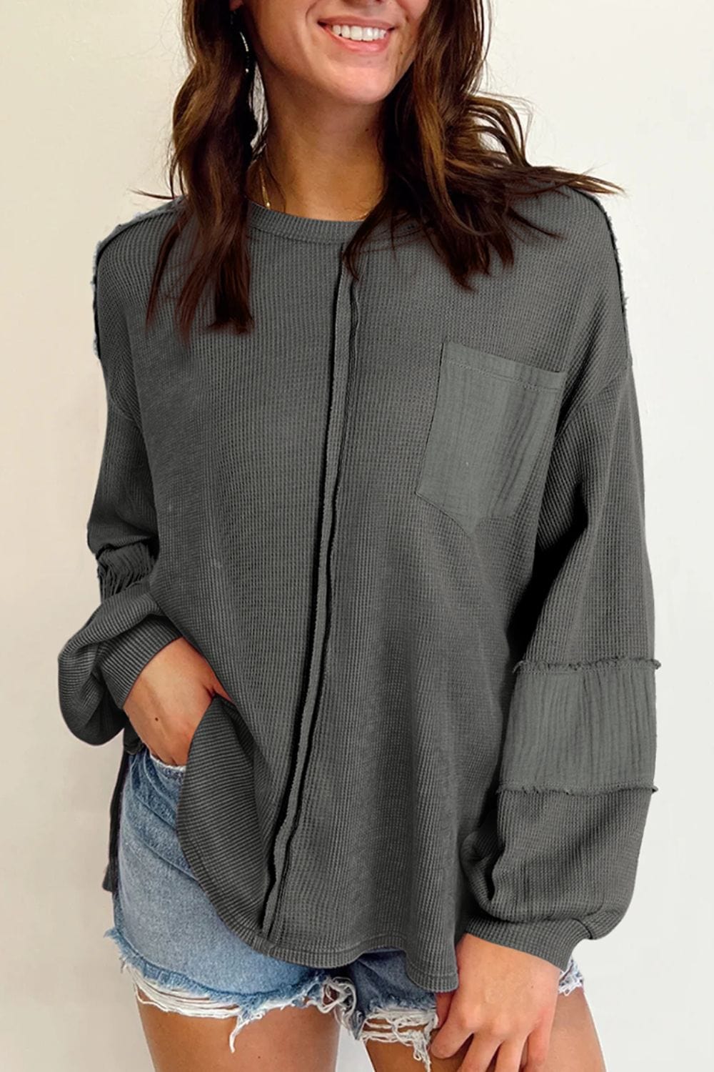 Exposed Seam Round Neck Long Sleeve Sweatshirt - Trendsi