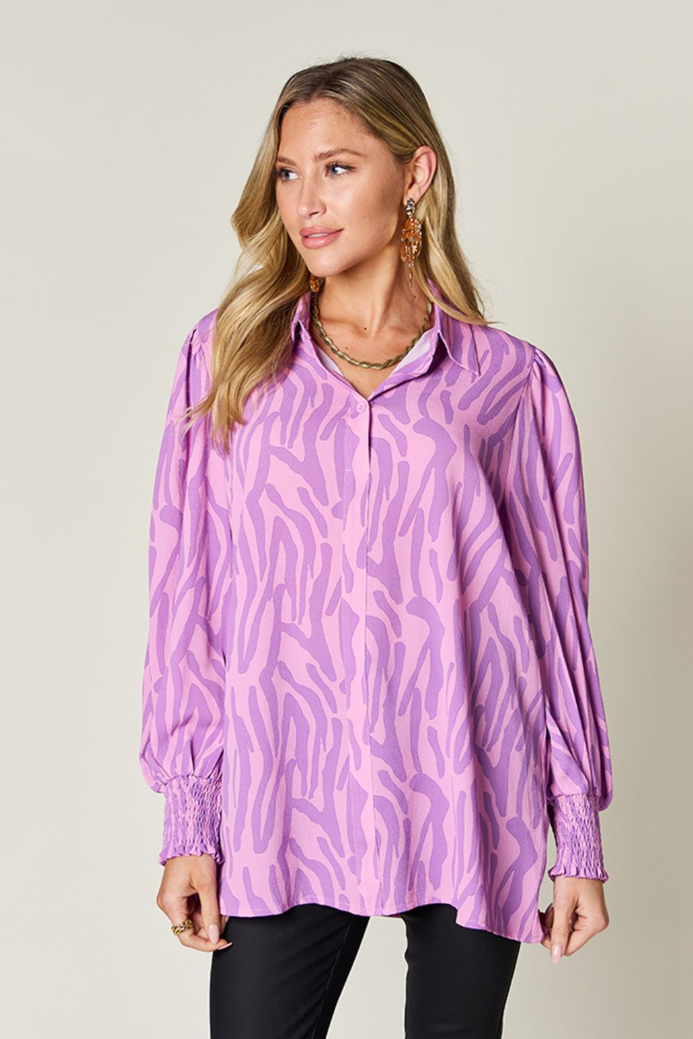 Double Take Full Size Printed Smocked Long Sleeve Blouse - Flyclothing LLC