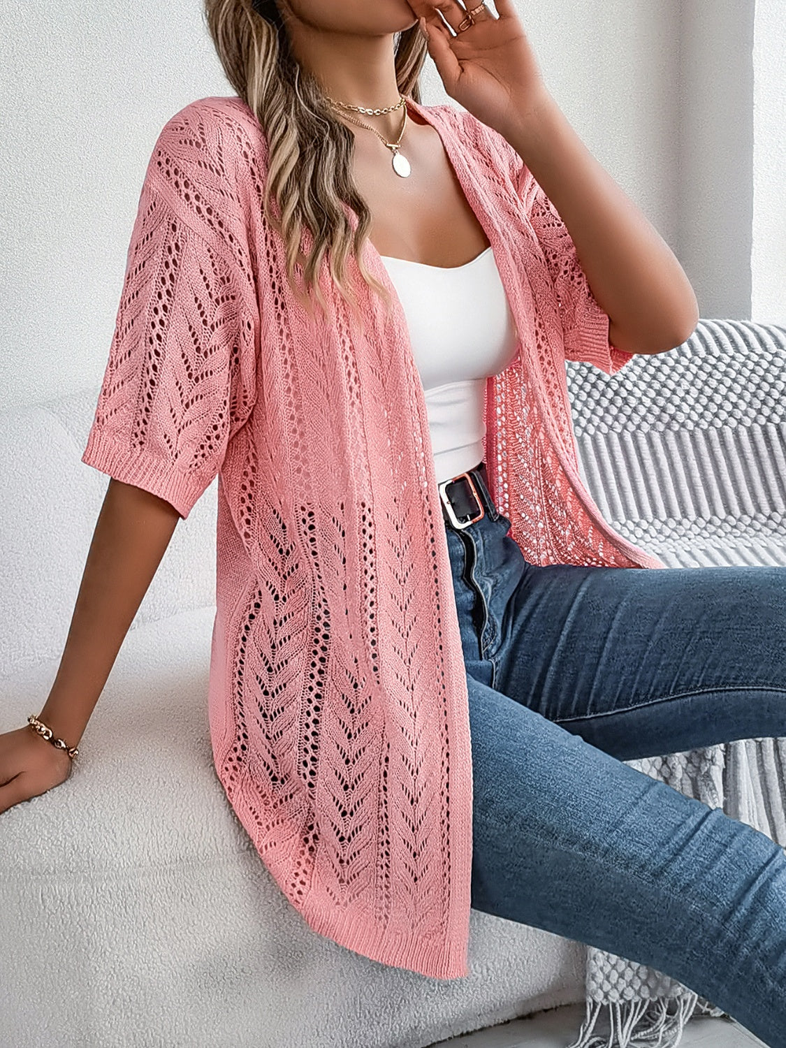 Openwork Open Front Half Sleeve Cardigan Trendsi